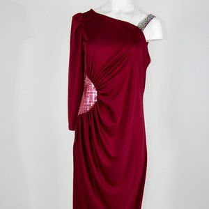 Vintage 70s 80s Disco Party Red Dress Sequin One shoulder